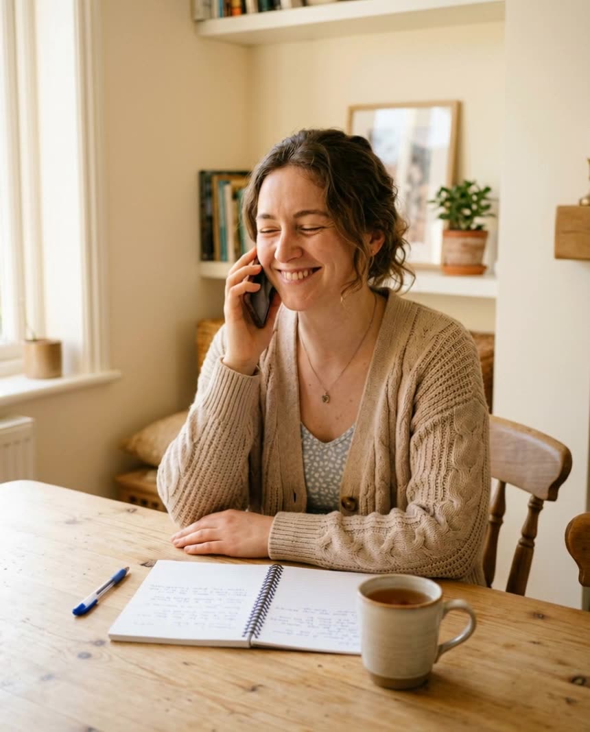 A woman smiling on a phone call at a bright table